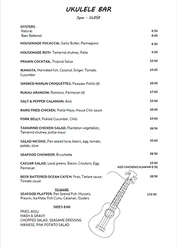 Ukelele Beach Bar Menu